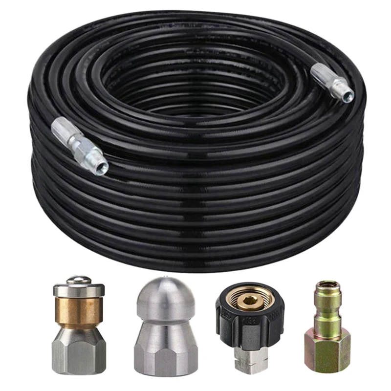

Sewer Jetter Kit for Pressure Washer, 1/4 Inch NPT, 50 Feet Hose, Button Nose and Rotating Sewer Jetting Nozzle, Orifice 4.0, 4.