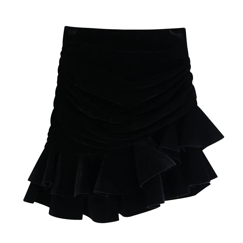 RR Cascading Ruffle Skirts Women Fashion Solid Velvet Skirt Elegant Slim Asymmetrical Mini Female Ladies JAE | Женская одежда
