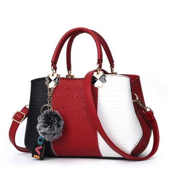 

Female bag 2019 new autumn colorblock ladies large capacity handbag stone pattern shoulder Messenger bag hairball decoration