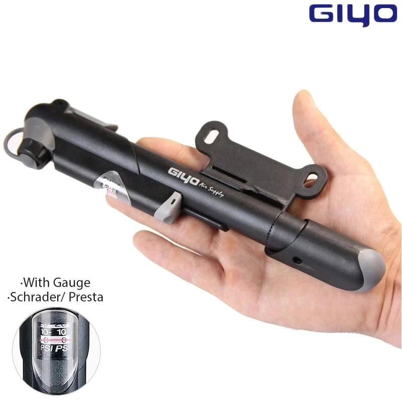 GIYO Bomba de bicicleta pequeña con calibre para Presta y Schrader (máx.  120 psi) Bomba de aire portátil para bicicleta | para carretera y MTB 
