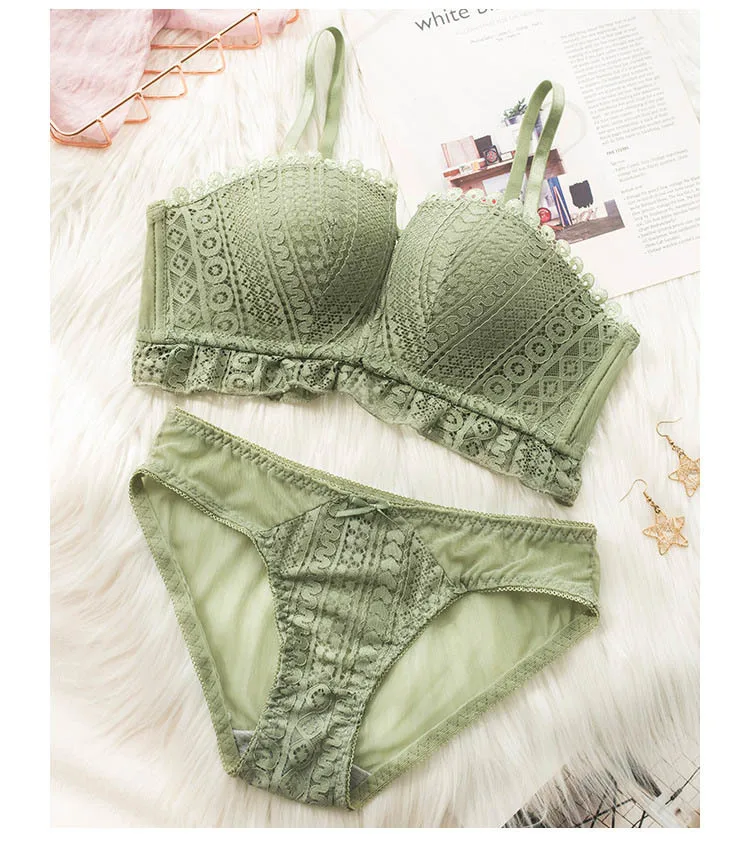Roseheart Для женщин Мода розовый зеленый белье с кружевными оборками Bralette лук мягкой отделкой подтягивающие трусики Беспроводной комплекты