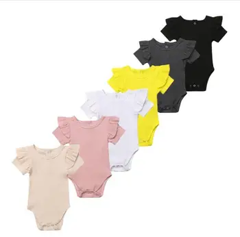 

Organic Cotton Baby Girl Clothes Summer New Double Gauze Kids Ruffle Romper Jumpsuit Headband Dusty Pink Playsuit For Newbor0-2T