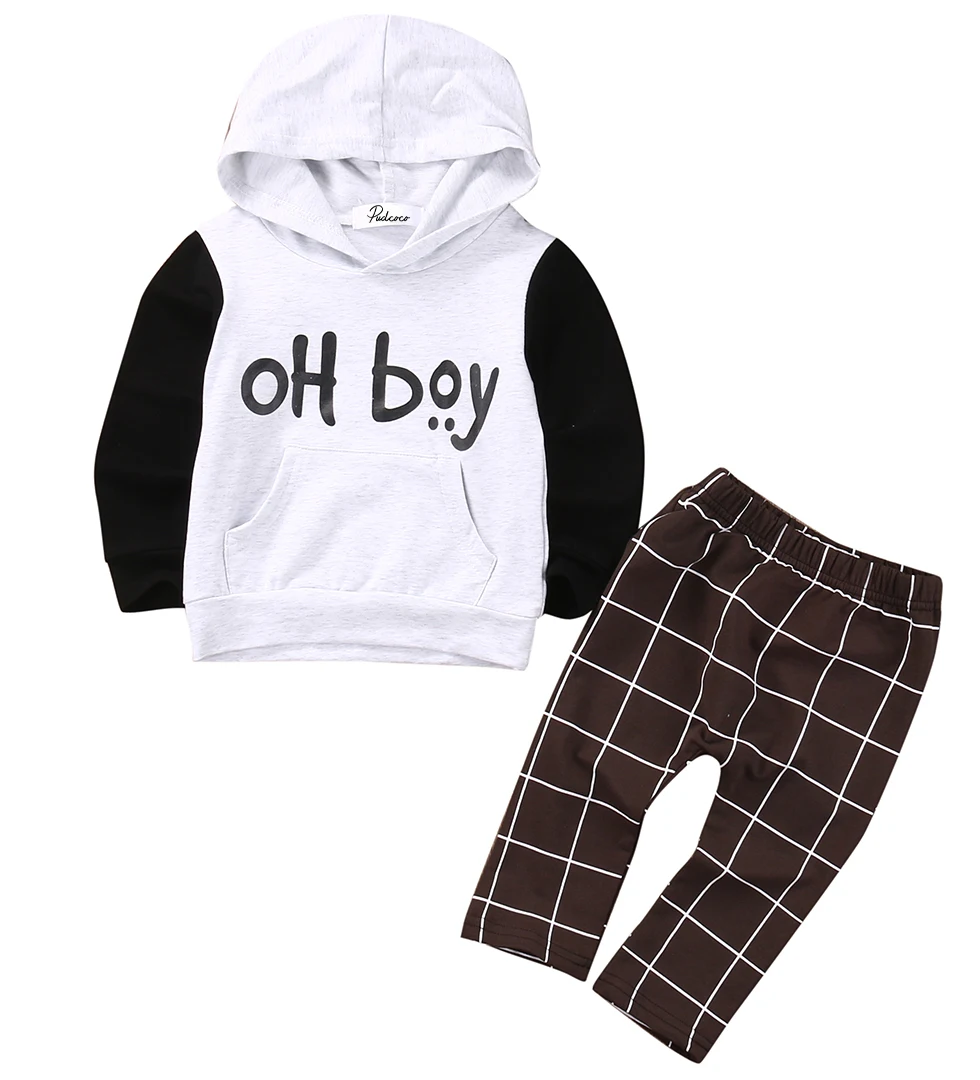 

Pudcoco US Stock 2pcs Toddler Kid Baby Boy Clothes Set Print Letter OH Boy Hoodies Tops Casual Pants Plaid Clothing Boys Outfits