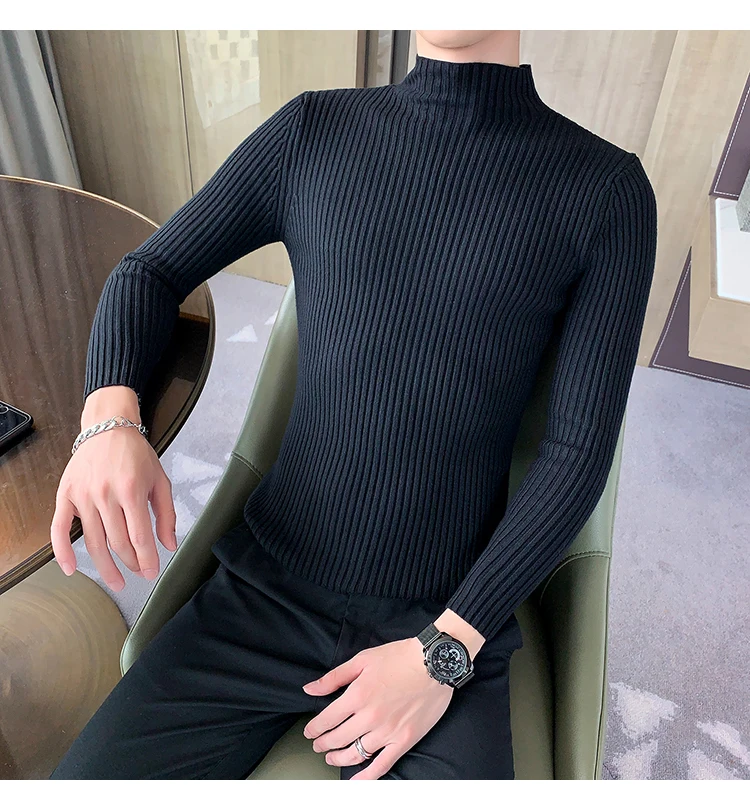 Зимний теплый свитер с высоким горлом, Мужская водолазка, мужские свитера, облегающий пуловер, Мужская однотонная трикотажная одежда размера плюс M-3XL