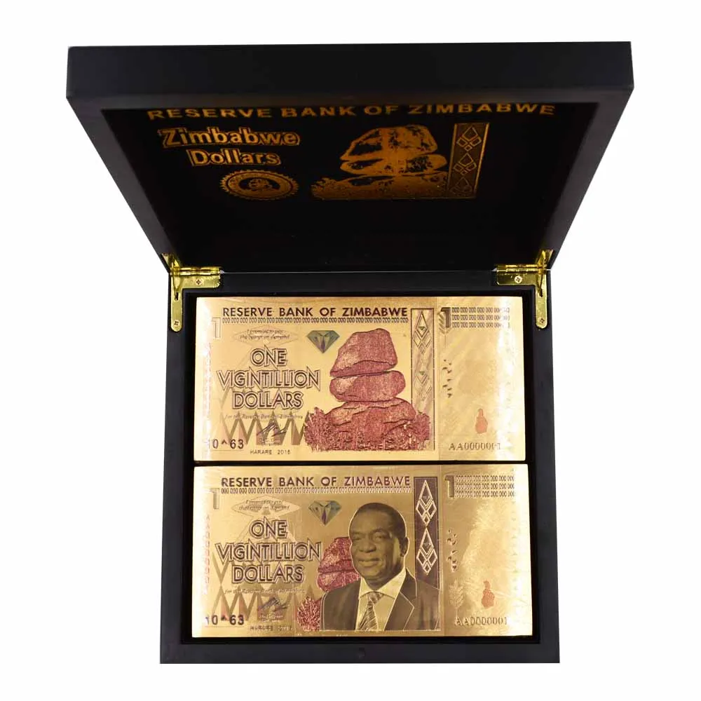 

Wholesale One Hundred Trillion/Quintillion/Octillion Dollars Zimbabwe Gold Banknote In Wooden Box with Certificates 100pcs/lot