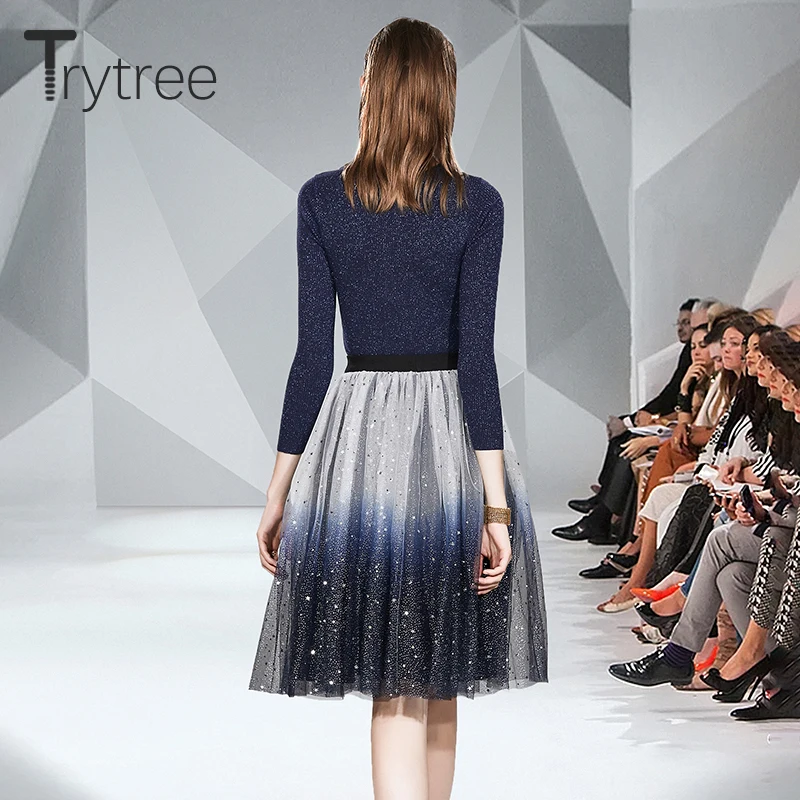 Trytree, осенне-зимний комплект из двух предметов, Повседневный свитер с v-образным вырезом, вязаный Топ+ платье, модный трапециевидный комплект до колен, комплект из 2 предметов