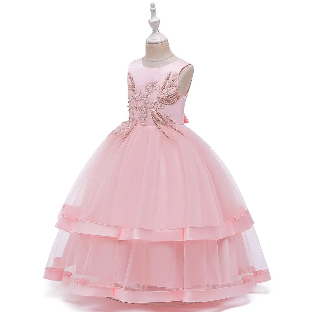 Spring autumn Elegant Children Girls Appliques Flowers Model Show Performance Dress Kids Teens Birthday Wedding Party Dress