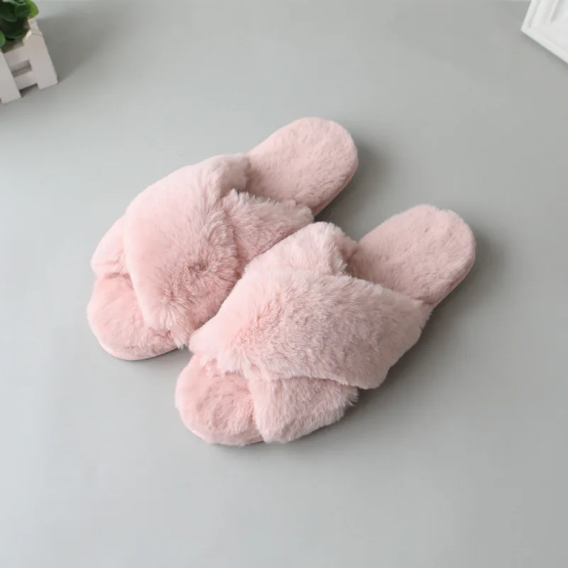 

Autumn & Winter New Style Rabbit Plush Cross Belt Peep-Toe Drag Indoor Household Heavy Fleece Cotton Slippers Anti-slip Househol
