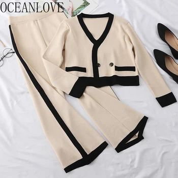 

OCEANLOVE Knitted Two Piece Set Women V Neck Pullovers +elastic Waist Pants 2020 Autumn Fashion Outfits Korean Ropa Mujer 17433