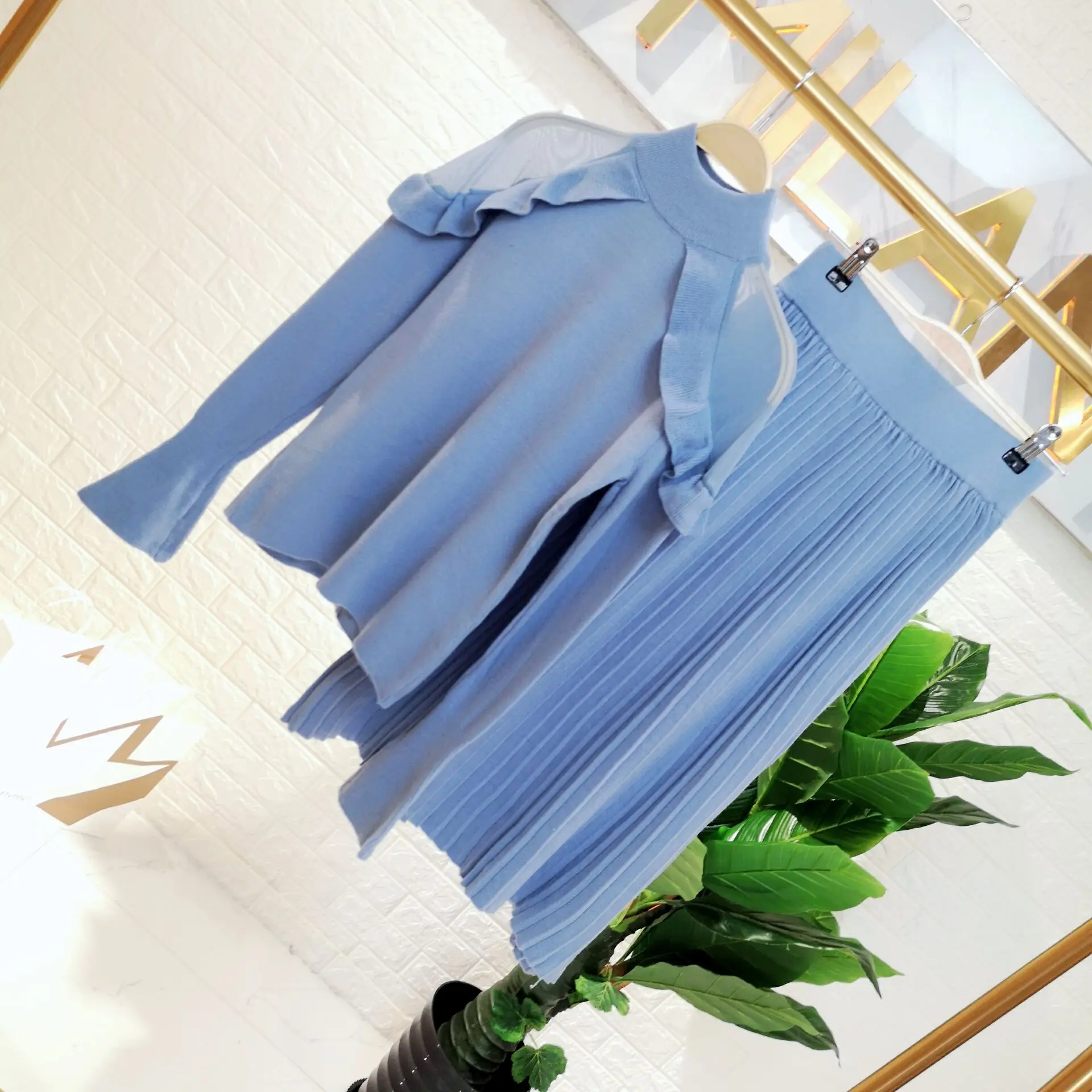 ALPHALMODA, осенне-зимний женский сверкающий свитер+ юбка, 2 шт., костюмы, марля, перспектива, плечо, сексуальный женский вязаный комплект
