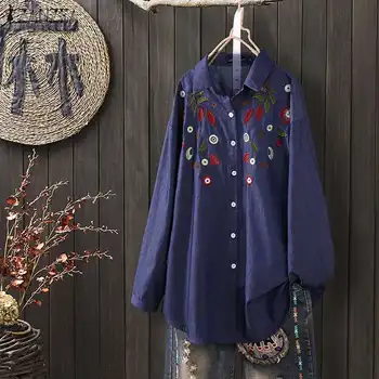 

Blusas Top ZANZEA Spring Long Sleeve Blouse Women Floral Embroidery Denim Blue Tunic Tops Casual Lapel Work OL Shirts Female