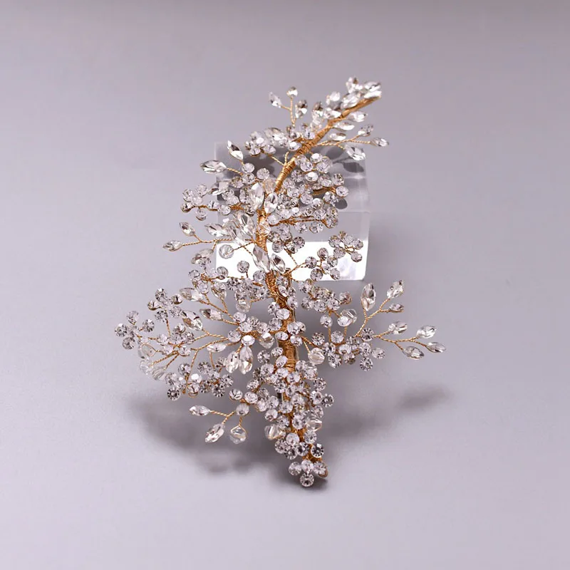 SLBRIDAL Handmade Alloy Wired Rhinestone Crystal Flower Leaf Wedding Hair Clip Barrettes Bridal Hair Accessories Women Jewelry