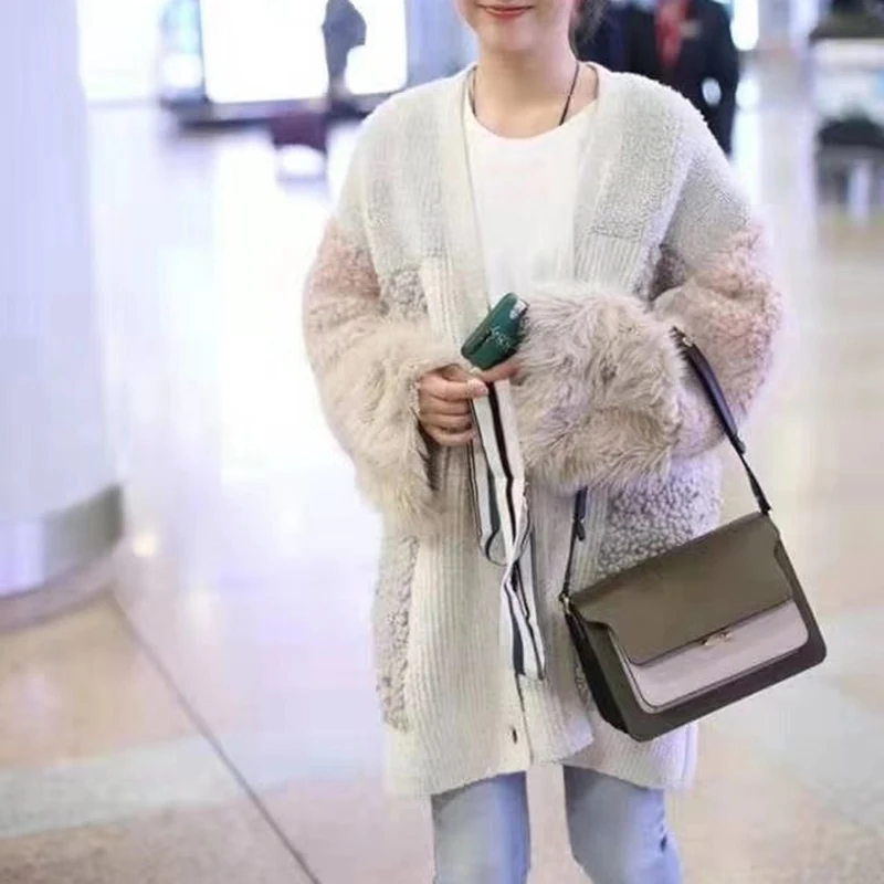 TWOTWINSTYLE Hit Color Patchwork Women's Sweater V Neck Long Sleeve Single Breasted Thick Cardigans Elegant Female Sweaters