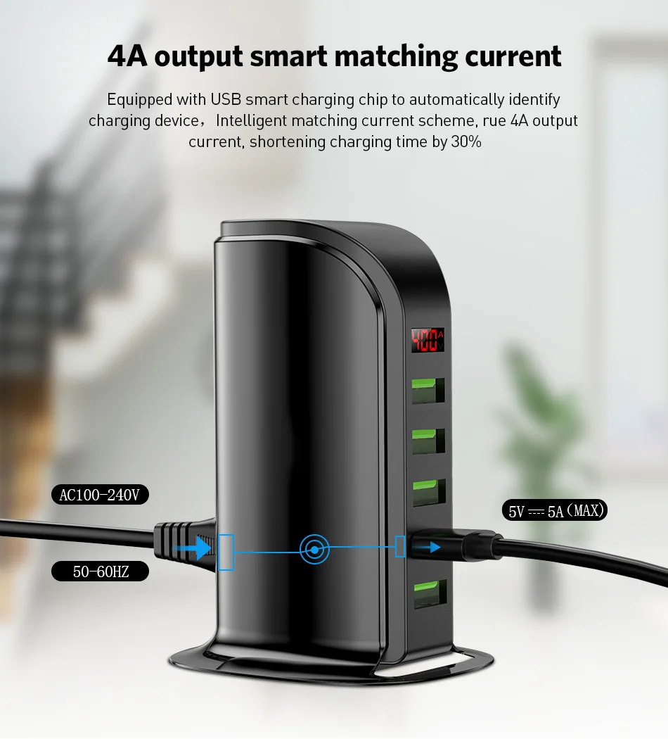 GTWIN 5 портов Мульти USB зарядное устройство светодиодный дисплей док-станция для зарядки с USB универсальный мобильный телефон настольное настенное зарядное устройство для дома EU US
