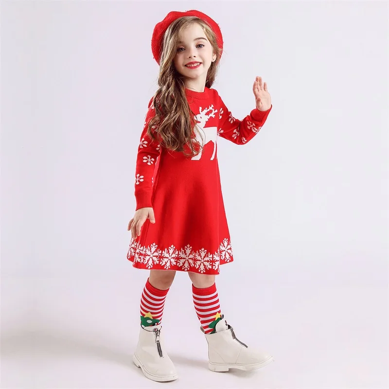 kids Dresses For Girls Long Sleeve Reindeer Dress Cartoon Snowflake Print Autumn Winter Christmas Tutu Santa Costume | Детская одежда и