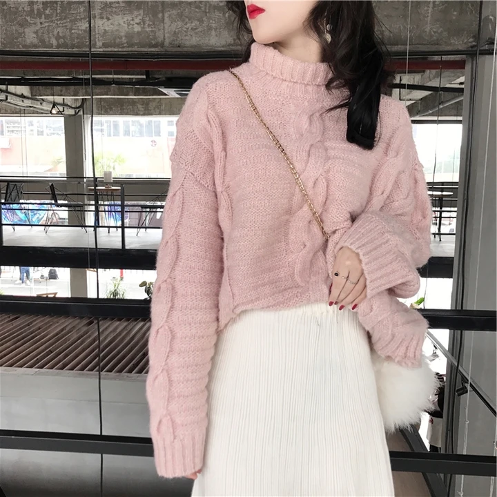 Pink Sweater Корейский зимний женский комплект из 2 предметов, свитер, водолазка, Свободный пуловер+ эластичная белая длинная трикотажная юбка, костюм, наборы - Цвет: Pink Sweater