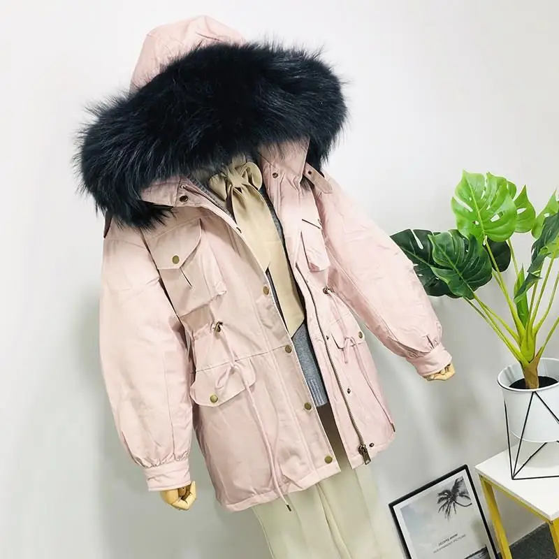 Pink1 Зимняя куртка для женщин, пальто для женщин, белая утка, парки, сплошной меховой воротник, с капюшоном, перо, белая утка, куртки - Цвет: Pink1