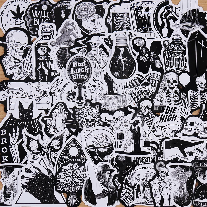 50PCS Black White Gothic Style Horror Skeleton Graffiti Stickers DIY Laptop Luggage Guitar Skateboard Car Decal Kids Toy