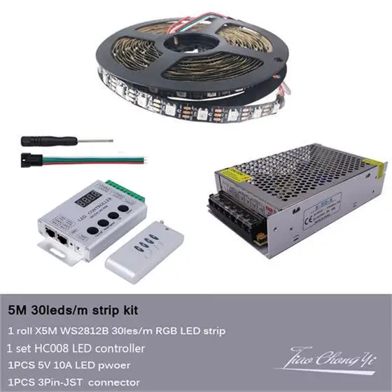 5M Kit WS2812 30 светодиодный/м индивидуально адресуемый Смарт RGB светодиодный полосы+ HC008 Программируемый RGB светодиодный контроллер пикселей+ 5 В Комплект трансформатора - Испускаемый цвет: 5M Kit