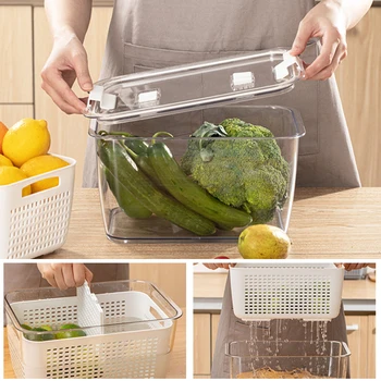 

White Kitchen Storage Containers Plastic Fresh-Keeping Box Refrigerator Fruit Vegetable Drain Crisper Kitchen Storage Box