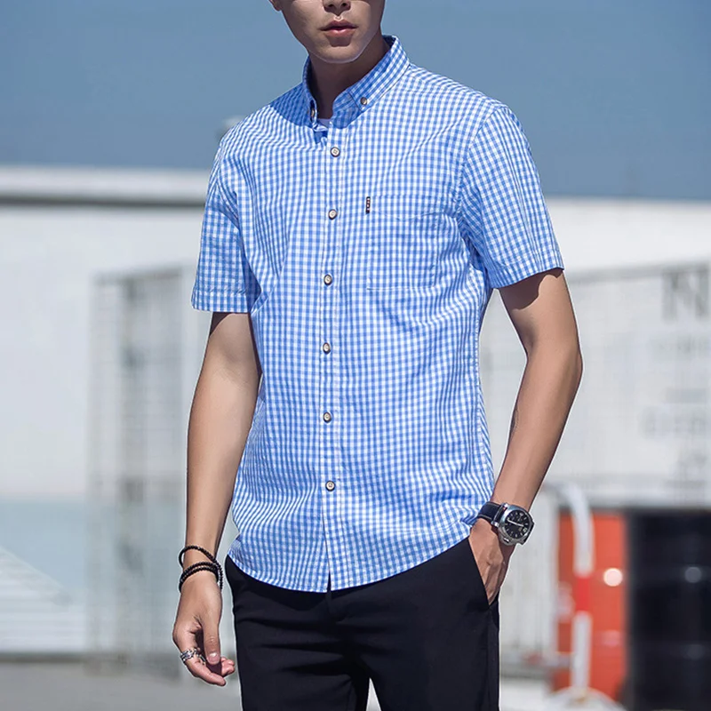 Men's Short-Sleeved Shirts 2021 Summer Fashion Pure Cotton T-Shirt  Men's Tops Casual Plaid Short-Sleeved Jacket 18-45Y
