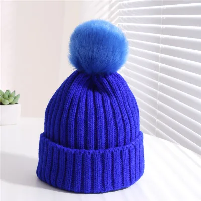 Осенне-зимняя детская шапка, плюшевый помпон с искуственным мехом, детский теплый наушник, шерстяная шапка для мальчиков и девочек, толстая бархатная шапка - Цвет: Синий