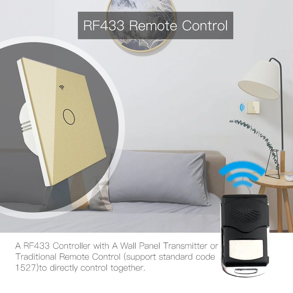 Gold WiFi Smart Light Switch RF433 Wireless Remote Control Glass Panel Light Switch Works With Alexa Echo Google Home 1/2/3 Gang