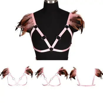 

Feather Crop Top Pink Bra Harness Bondage Shoulder Strappy Elastic Harajuku Goth Festival Rave Suspender Body Harness Burning