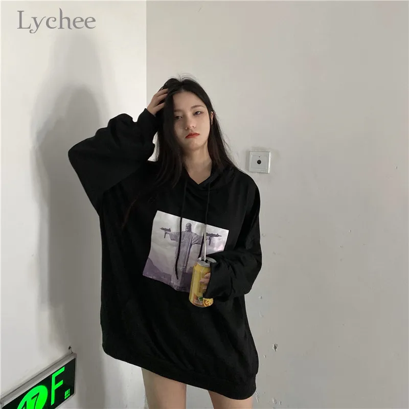 Lychee Harajuku, повседневные свободные женские толстовки, пуловер с изображением винтовки Иисуса, Женская толстовка с капюшоном, топ, осенние женские толстовки с капюшоном, топы