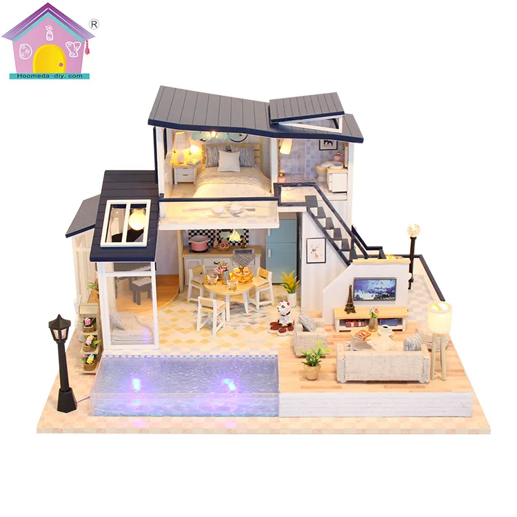 

Hoomeda-diy DIY Hut Mermaid Tribe Wood Handmade DIY Villa Model Material Box Large Double Loft
