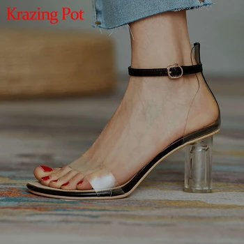 

Krazing pot jelly shoes mixed cloth high street fashion superstar peep toe high crystal heels summer sandals buckle straps L61