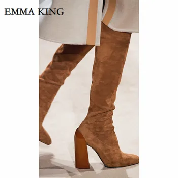 

EMMA KING Women Autumn Winter Beige Suede Thigh High Boots Pleated Loose Over The Knee Boots Pointed Toe Chunky Heels Dress Shoe