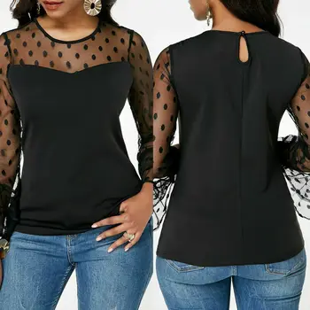 

Hirigin Mesh Dot Patchwork Blouses Women 2020 Autumn Fashion Long Sleeve O-neck Shirt Office Blouse Slim Sexy Female Casual Tops