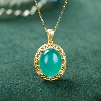 

925 sterling silver with oval shape lake blue natural stone pendant gold-plated chain necklace ethnic fine jewelry for women