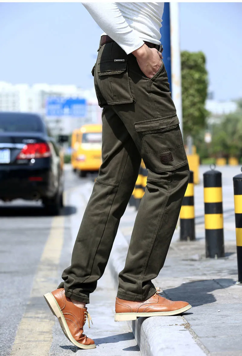 KIOVNO Winter Men's Cargo Casual Pants Multi Pockets Fleece Lined Military Style Trousers For Male Size 30-44  (7)