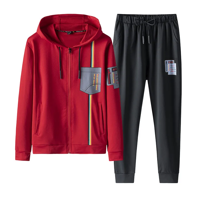 Новые мужские комплекты весна осень толстовки из двух частей с капюшоном куртка+ брюки Мужская спортивная одежда костюм Повседневный Спортивный костюм Азиатский размер M-4XL - Цвет: Красный
