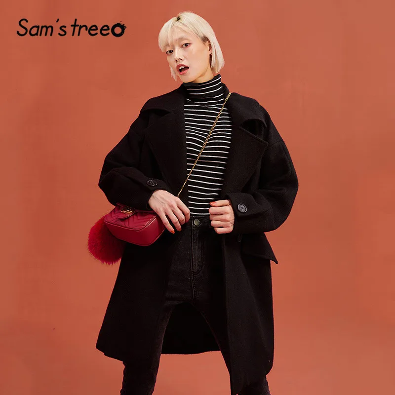 SAM'S TREE/черное одноцветное двубортное повседневное женское Шерстяное Пальто, зимняя однотонная прямая женская верхняя одежда с поясом и длинным рукавом