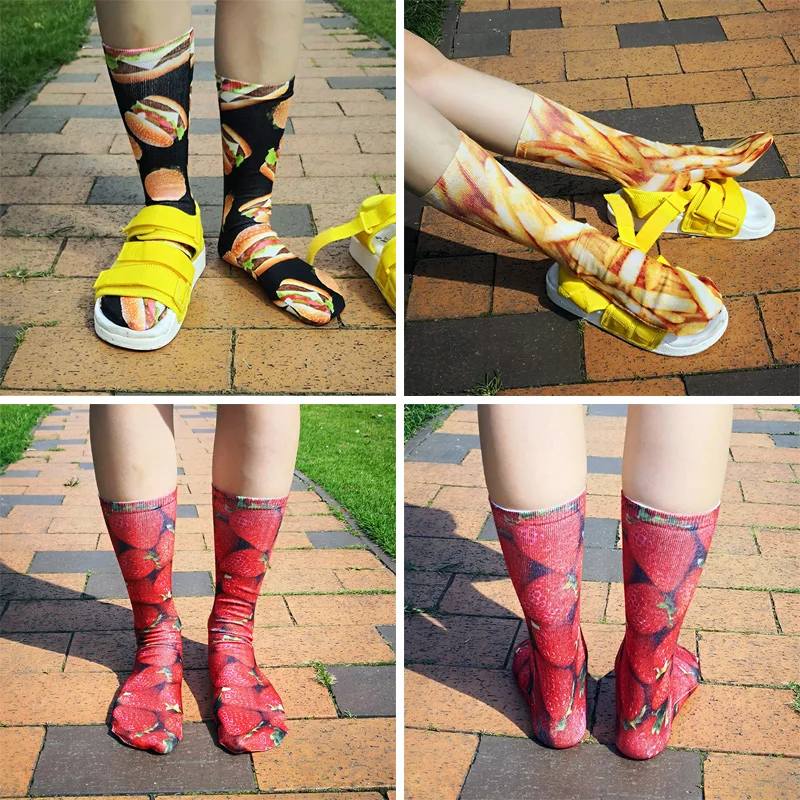 

Funny Art Socks 2 Sides 3D Print Hotdog Strawberry Flamingo Hamburger Pizza Designer Fashion Harajuku Long Women Cotton Socks