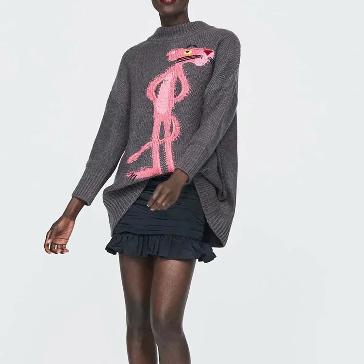 

Western Style Winter Women's Loose Version Crew Neck Pink Panther Pattern Pullover Knitting Shirt Sweater