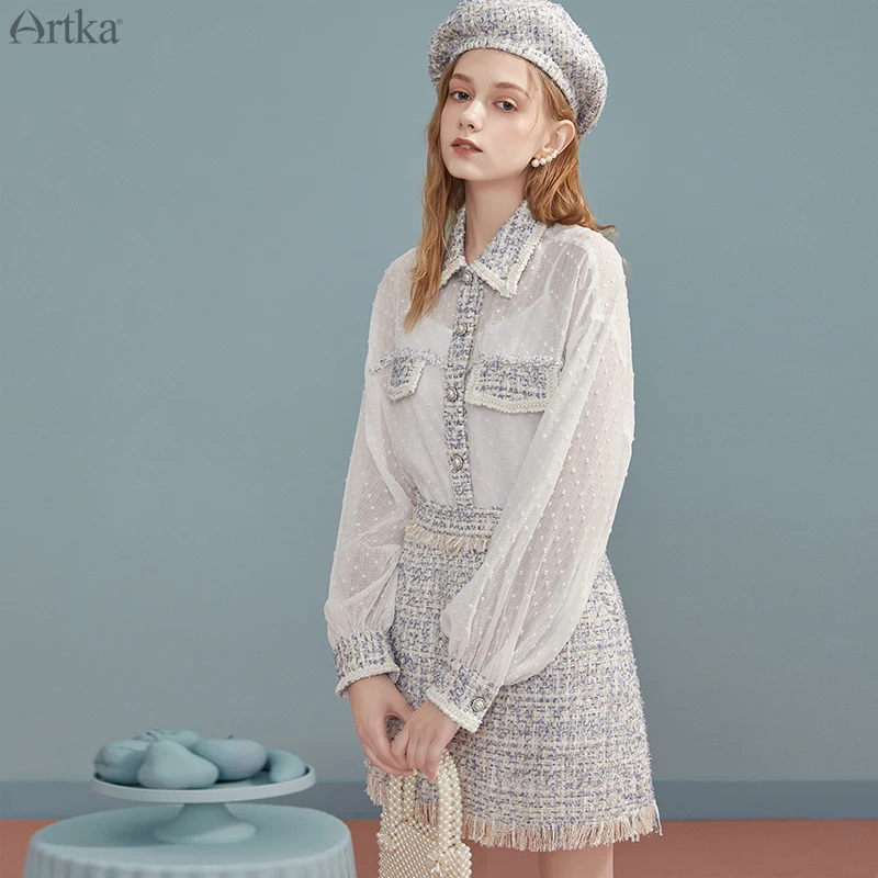 

ARTKA 2020 Autumn New Women Suits Elegant Loose Chiffon Patchwork Shirt Two Piece Set High Waist Woolen Skirts Suit WA20308Q