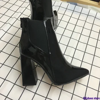 

2020 Women Ankle Boots 11.5cm High Heels Leather Stripper Autumn Plus Size 42 Punk Boots Chelsea Block Heels Chunky Short Shoes