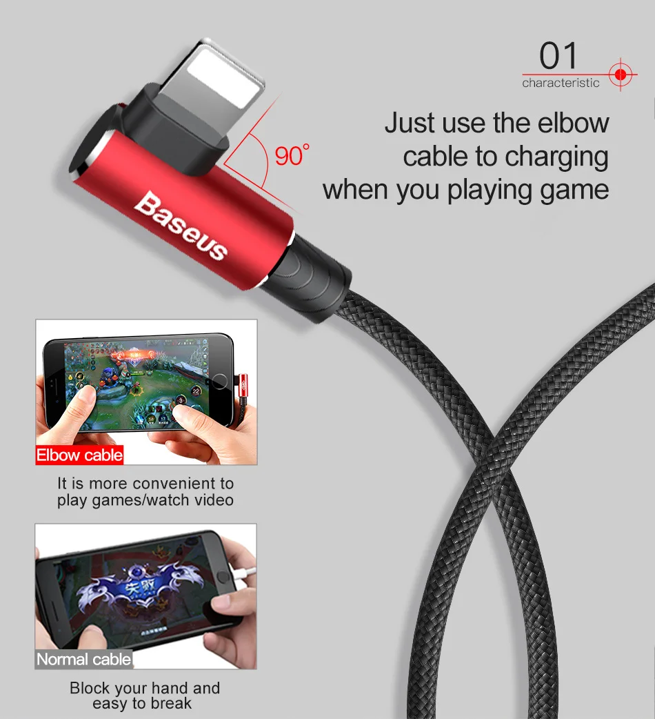 Baseus, USB кабель для передачи данных, локоть, 90 градусов, провод для iPhone 11 XS, игровой зарядный шнур, двусторонний кабель для быстрой зарядки