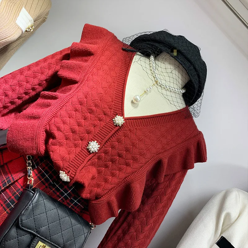 Neploe V образным вырезом с длинным рукавом вязаный однобортный Pull Femme пальто осень зима оборками одной груди кардиган свитер красный Sueter