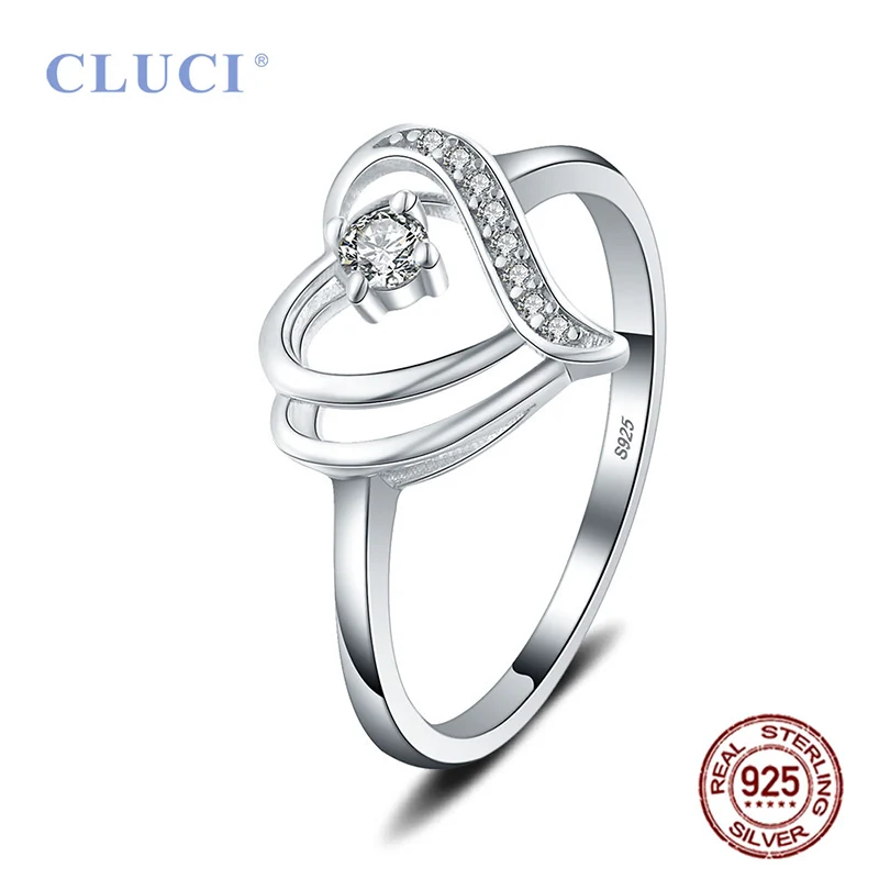 

CLUCI 925 Sterling Silver Love Heart Wedding Ring for Women Valentine Gift Real Silver 925 Zircon Heart Ring Jewelry DR1056SB