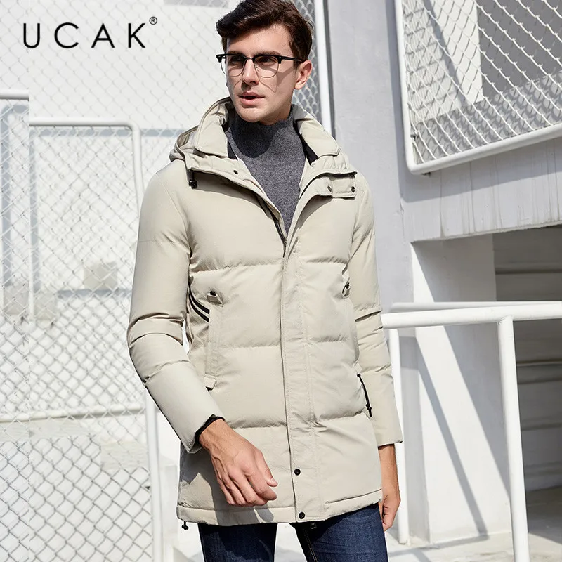 Бежевый UCAK Brand Winter Jackets Men's Long Hooded Casual Polyester Streetwear Outwear Thick Warm New Fashion Clothing Men U8021 - Цвет: Бежевый