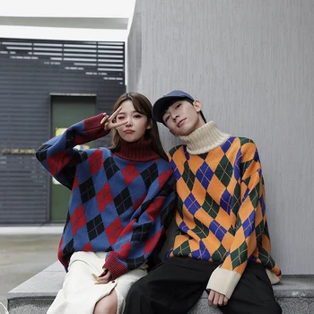 

Winter New High Collar Sweater Men Warm Fashion Contrast Color Casual Knit Pullover Man Streetwear Wild Loose Plaid Sweater