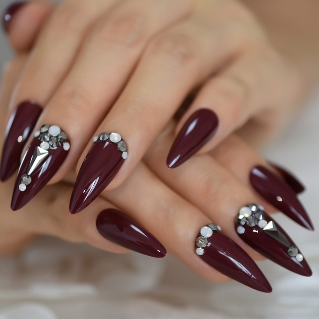 Black Reusable False Nail Pre design Gems Decorated Stiletto Press On Easy Wear Artificial Nails Art Fake Extension Tips