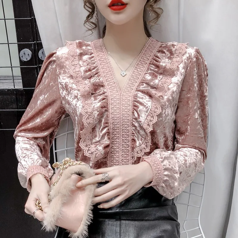 autumn-winter-2020-new-women-blouse-stitching-french-v-neck-lace-edge-velvet-shirt-fashion-lantern-sleeve-top-for-women