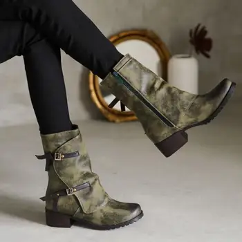 

autumn winter belt buckle color matching large size women's boots medium heel round head handsome motorcycle boots