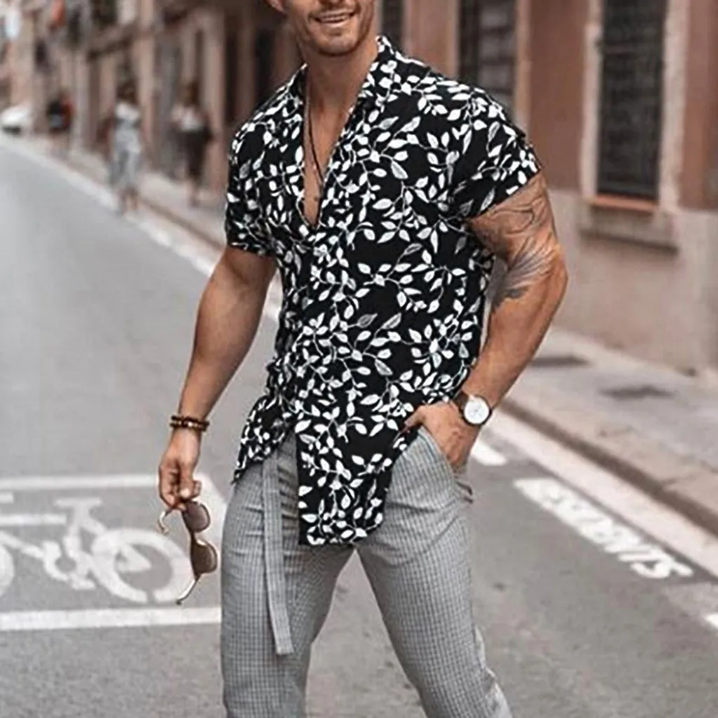 Black Slim Fit Printed Hawaiian Style Shirt with Short Sleeves-1